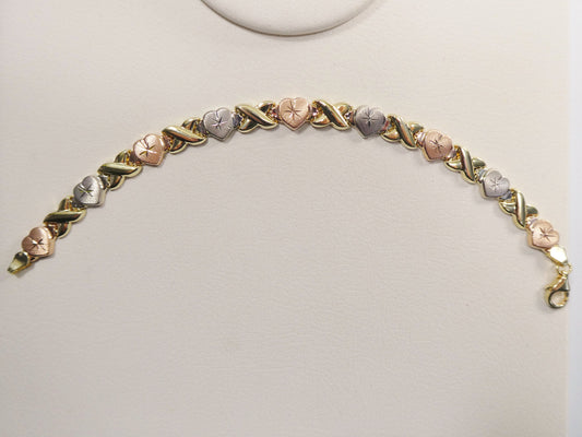 real 10k solid yellow gold xo heart hugs and kisses tri color stampato bracelet