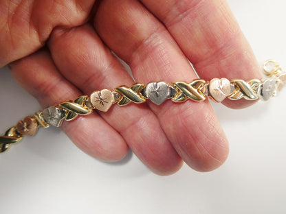 Real 10k Solid Yellow Gold XO Heart Hugs and Kisses Tri Color Stampato Bracelet