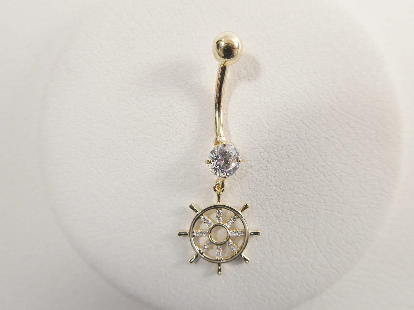 14k real solid yellow gold ship wheel dangling belly button ring piercing
