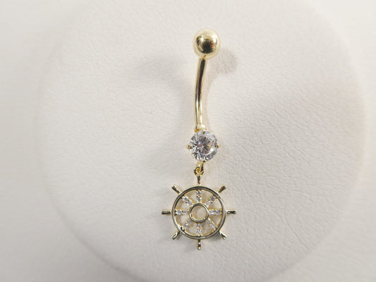14k real solid yellow gold ship wheel dangling belly button ring piercing
