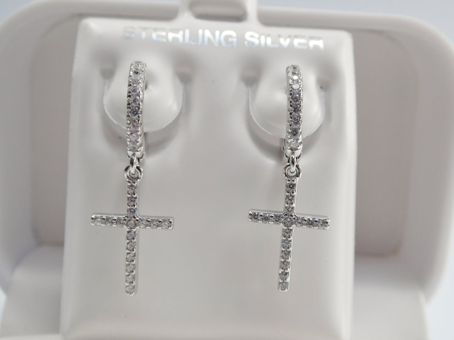 Sterling Silver Cross Drop Earrings: White Gold Finish, Cubic Zirconia