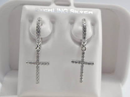 Sterling Silver Cross Drop Earrings: White Gold Finish, Cubic Zirconia