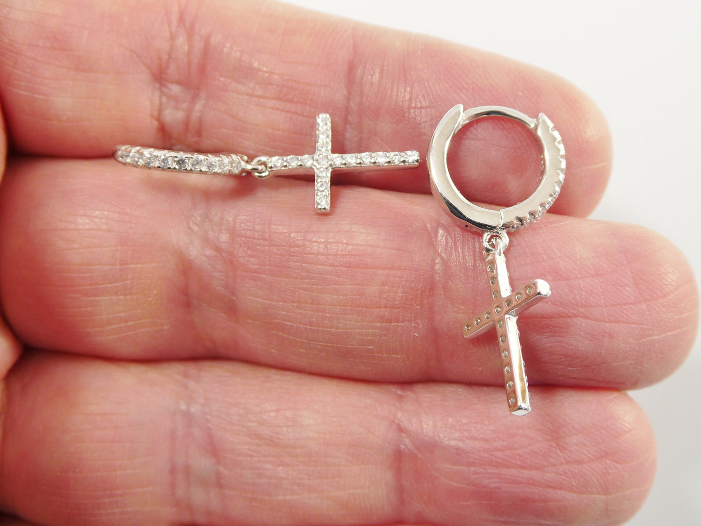 Sterling Silver Cross Drop Earrings: White Gold Finish, Cubic Zirconia
