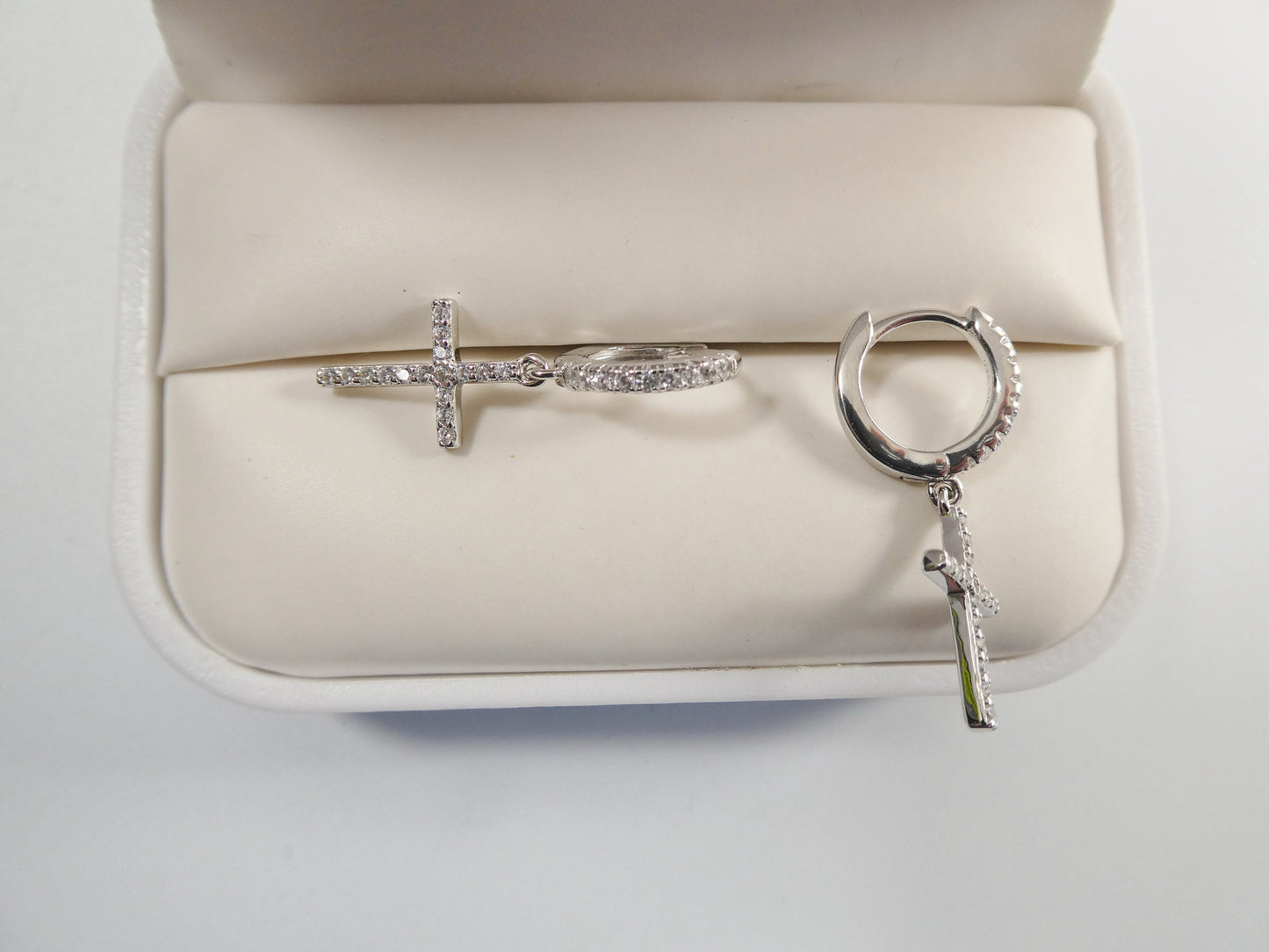 Sterling Silver Cross Drop Earrings: White Gold Finish, Cubic Zirconia
