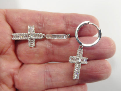 Sterling Silver Cross Drop Earrings: White Gold Finish, Cubic Zirconia
