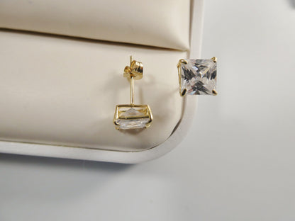 10k Real Yellow Gold/White Gold Basket Square Stud Push Post Earrings