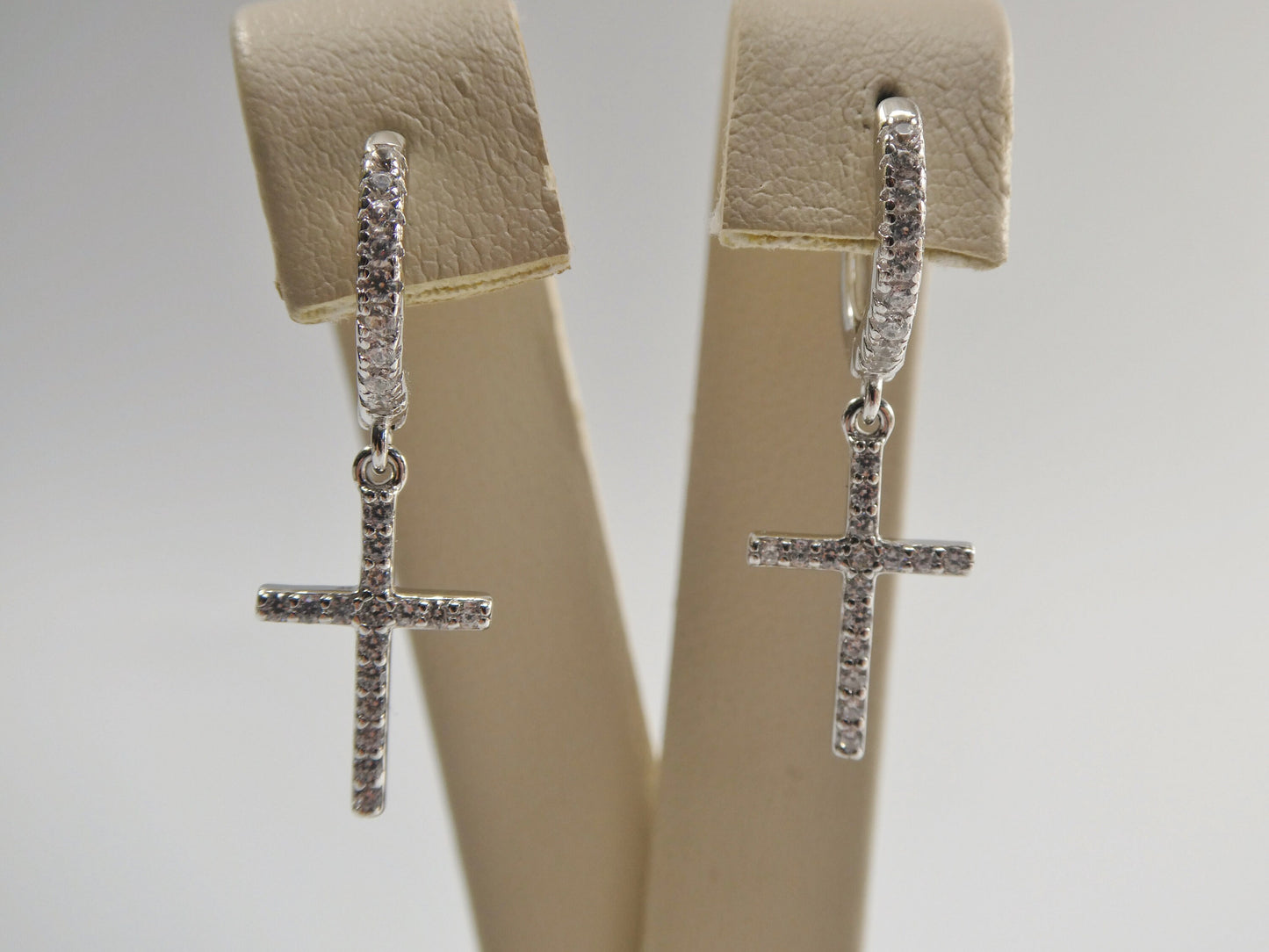 Sterling Silver Cross Drop Earrings: White Gold Finish, Cubic Zirconia