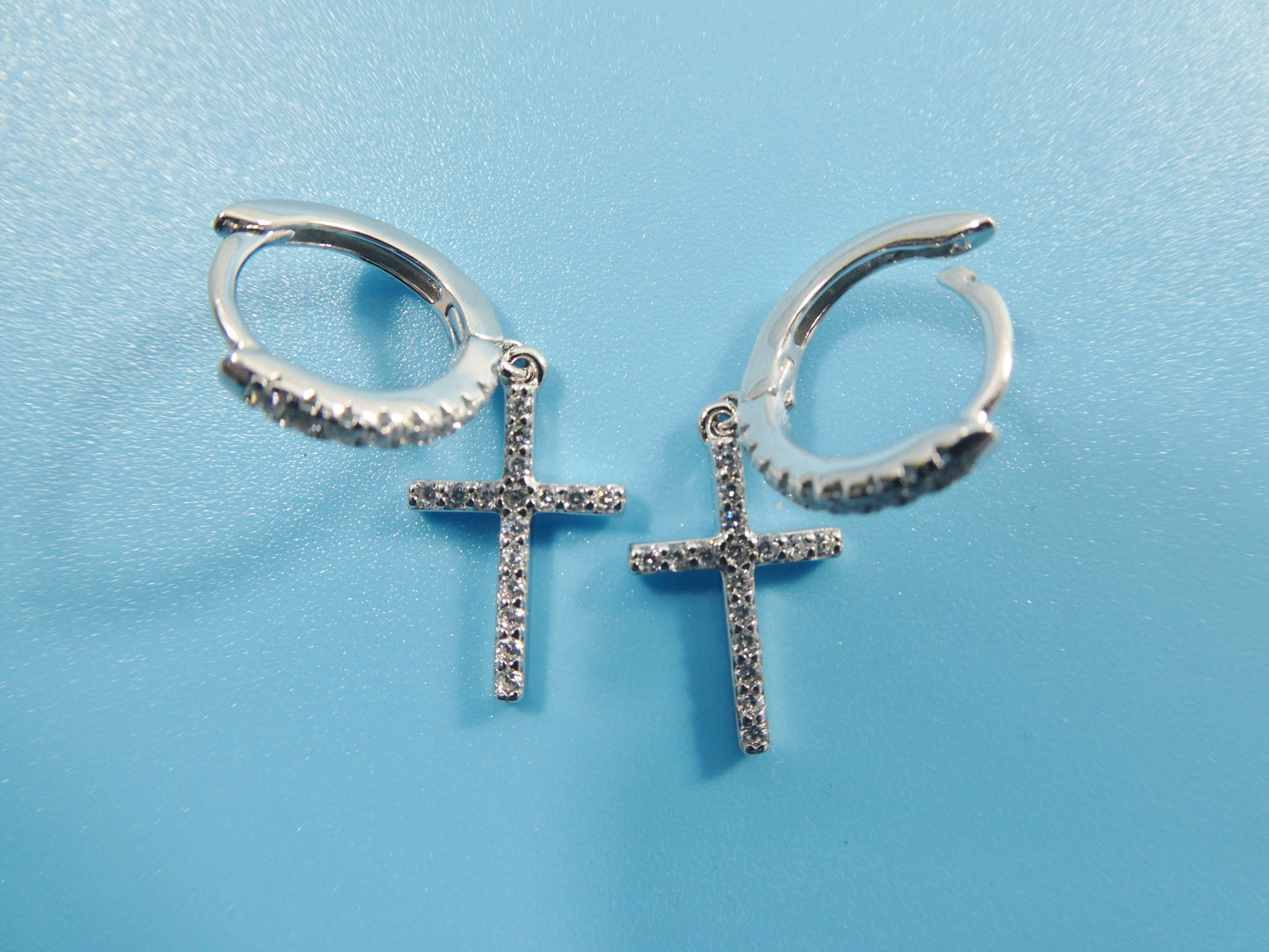 Sterling Silver Cross Drop Earrings: White Gold Finish, Cubic Zirconia