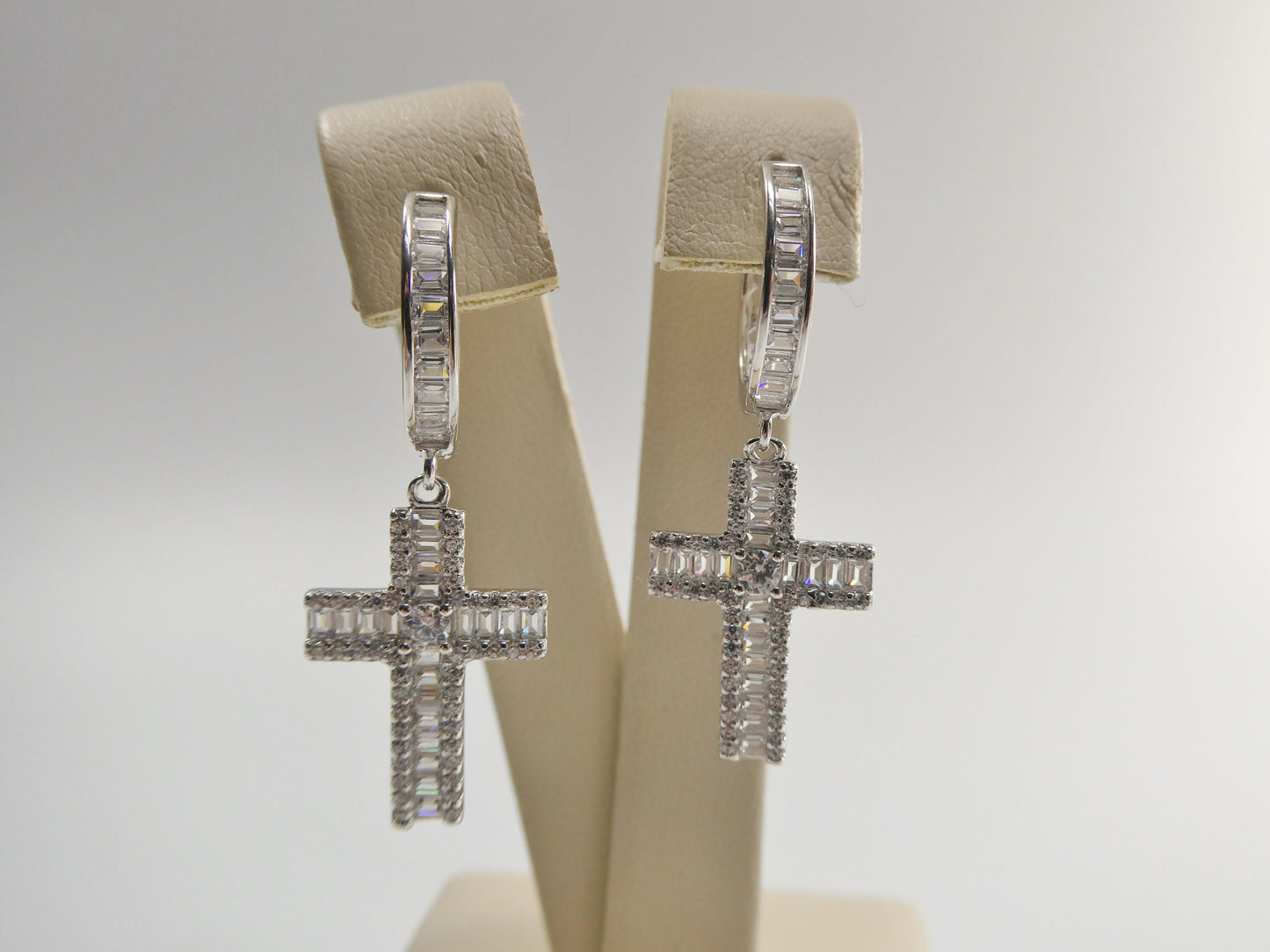 Sterling Silver Cross Drop Earrings: White Gold Finish, Cubic Zirconia