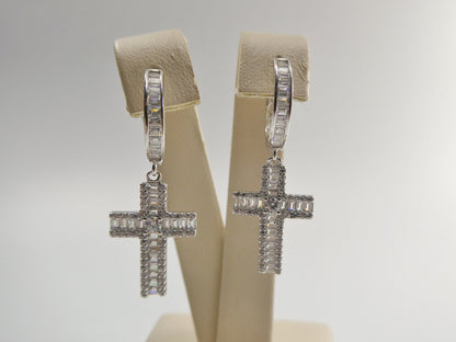 Sterling Silver Cross Drop Earrings: White Gold Finish, Cubic Zirconia