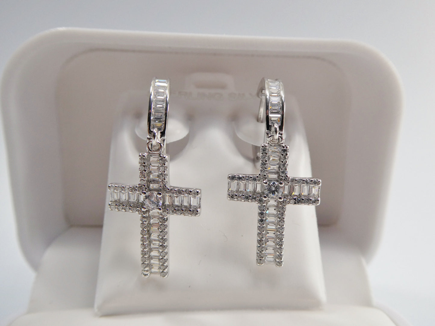 Sterling Silver Cross Drop Earrings: White Gold Finish, Cubic Zirconia