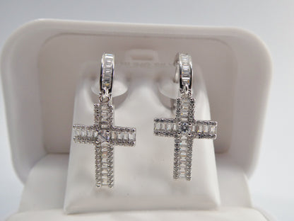 Sterling Silver Cross Drop Earrings: White Gold Finish, Cubic Zirconia