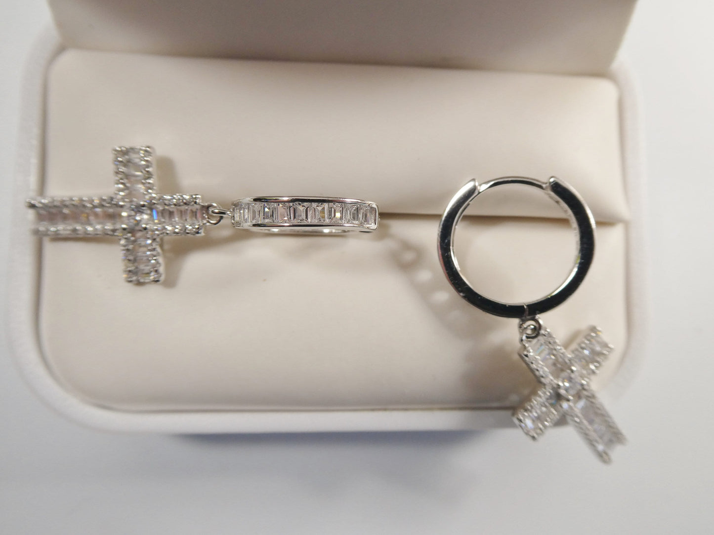 Sterling Silver Cross Drop Earrings: White Gold Finish, Cubic Zirconia