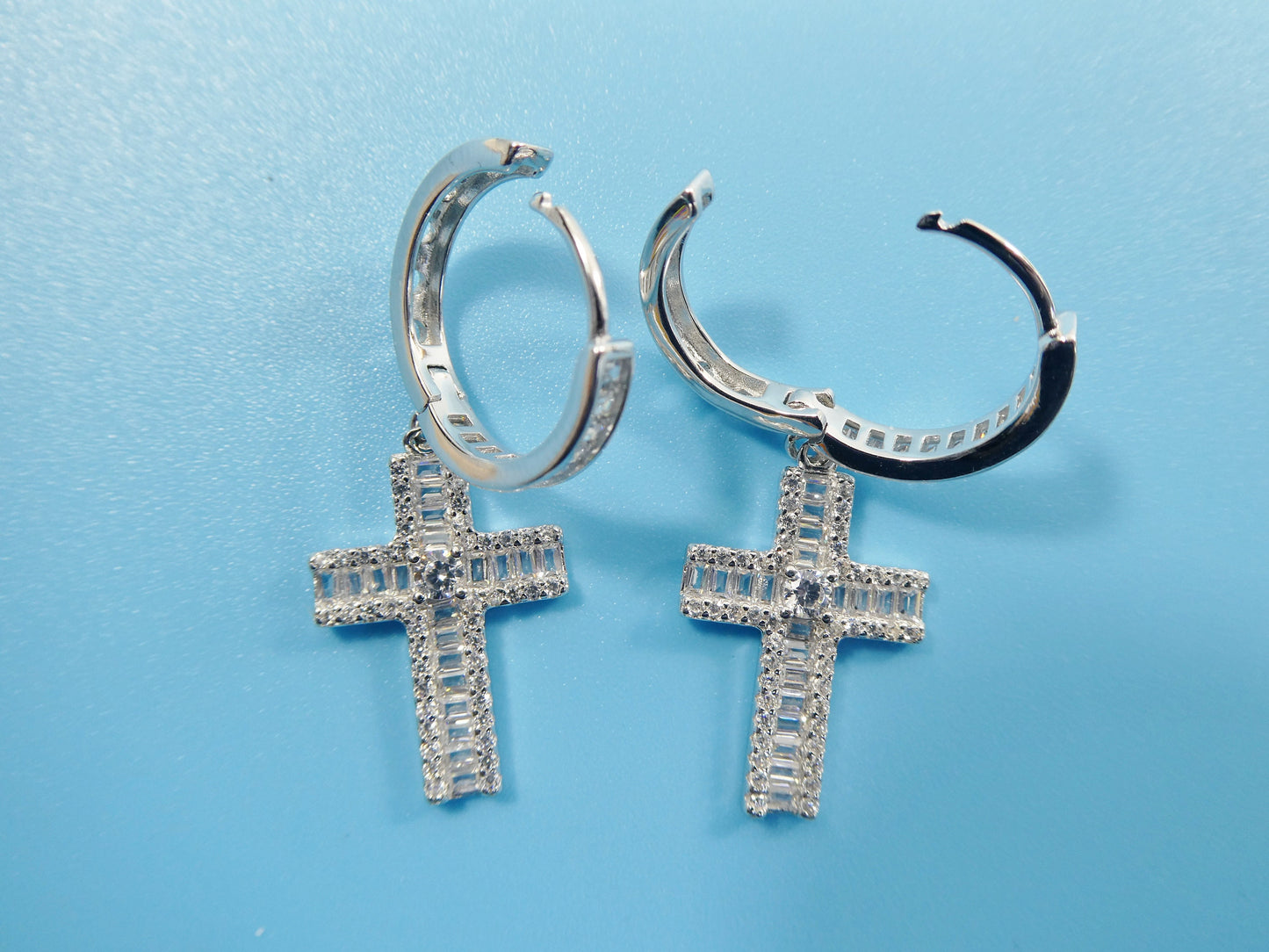 Sterling Silver Cross Drop Earrings: White Gold Finish, Cubic Zirconia