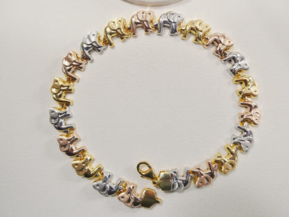 Tri-Color Elephant Bracelet: 14k Gold Tone, Sterling Silver