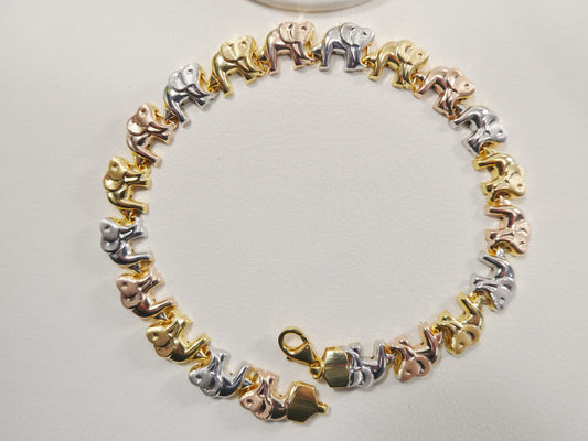 Tri-Color Elephant Bracelet: 14k Gold Tone, Sterling Silver