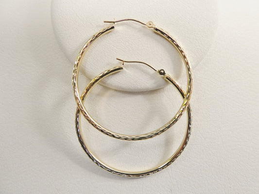 14K real solid yellow gold 2mm / 40mm diamond cut hoop earring snap closure