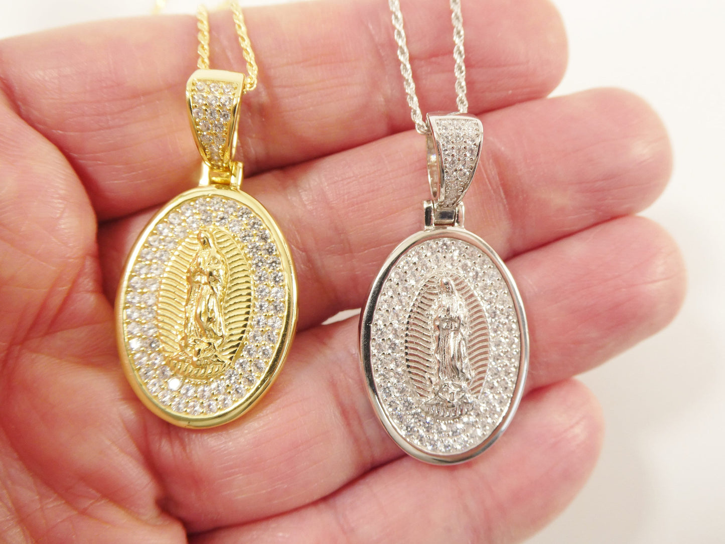 Sterling Silver Guadalupe Pendant Necklace: 14k Gold/Silver, 18 inch