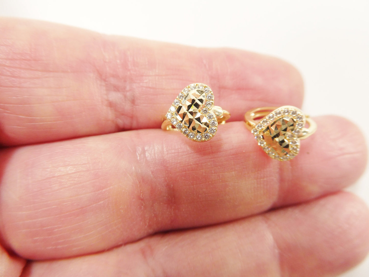 10k Real Yellow Gold Diamond Cut Heart Huggie Earrings