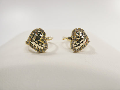 10k Real Yellow Gold Diamond Cut Heart Huggie Earrings