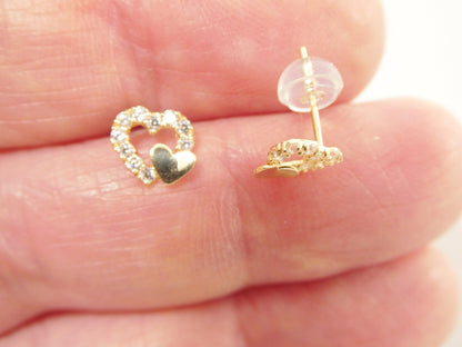 Real 10k Solid Yellow Gold Double Heart Push Post Stud Earrings
