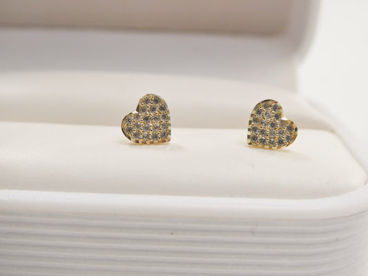 10k Solid Yellow Gold Heart Stud Earrings: Micro Pave Setting