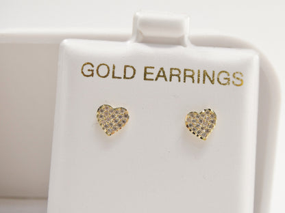 10k Solid Yellow Gold Heart Stud Earrings: Micro Pave Setting