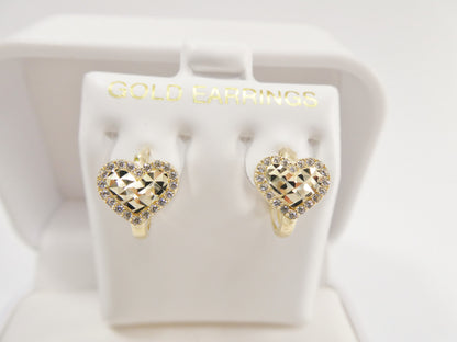 10k Real Yellow Gold Diamond Cut Heart Huggie Earrings