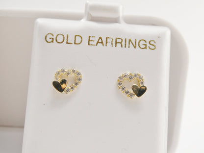 Real 10k Solid Yellow Gold Double Heart Push Post Stud Earrings