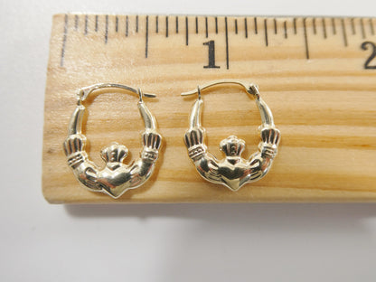 10k Real Solid Yellow Gold Small Claddagh Heart Classic Baby Hoop Earrings
