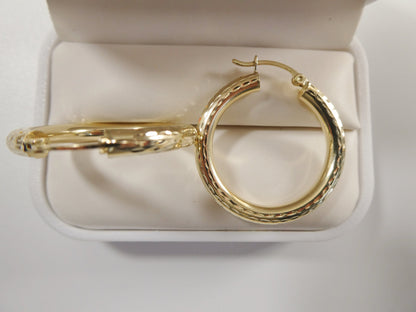 14K Solid Yellow Gold Hoop Earrings: 30mm Diamond Cut