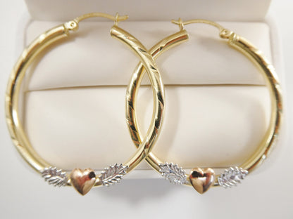 14K Solid Gold Hoop Earrings: Tri-Color Heart Center, 3mm