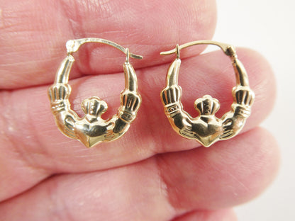 10k Real Solid Yellow Gold Small Claddagh Heart Classic Baby Hoop Earrings