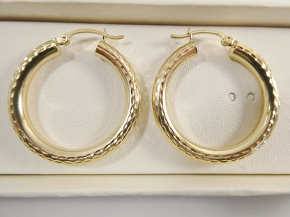 14K Solid Yellow Gold Hoop Earrings: 30mm Diamond Cut