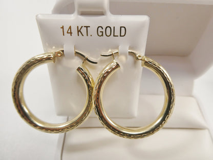 14K Solid Yellow Gold Hoop Earrings: 30mm Diamond Cut