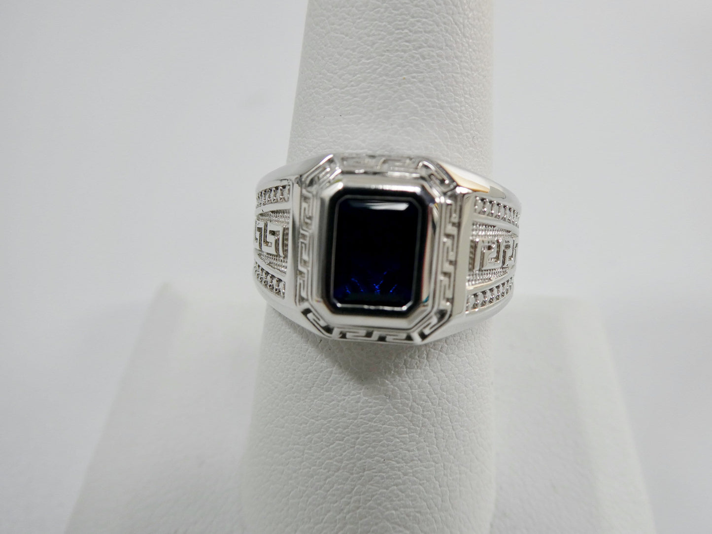 real solid 925 sterling silver men blue stone ring rhodium plating finish