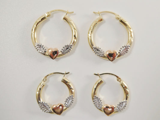 14K Solid Gold Hoop Earrings: Tri-Color Heart Center, 20/25mm