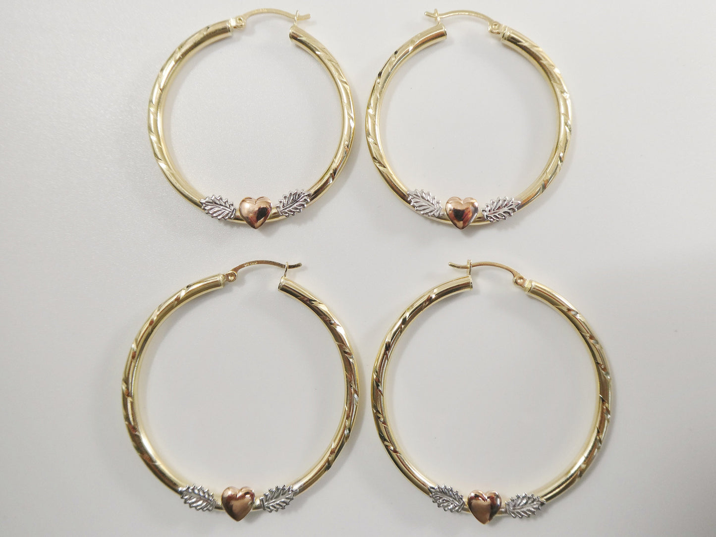 14K Solid Gold Hoop Earrings: Tri-Color Heart Center, 3mm