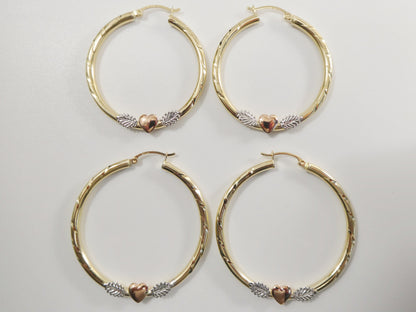 14K Solid Gold Hoop Earrings: Tri-Color Heart Center, 3mm