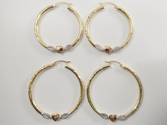 14K Solid Gold Hoop Earrings: Tri-Color Heart Center, 3mm