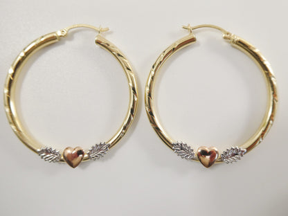 14K Solid Gold Hoop Earrings: Tri-Color Heart Center, 3mm