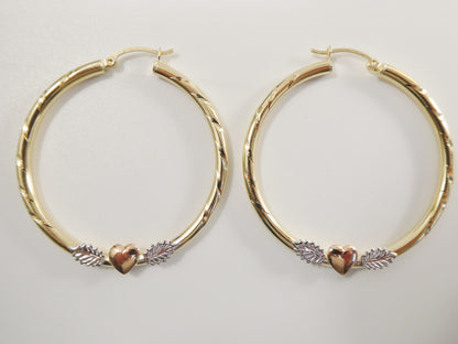 14K Solid Gold Hoop Earrings: Tri-Color Heart Center, 3mm