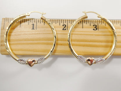 14K Solid Gold Hoop Earrings: Tri-Color Heart Center, 3mm