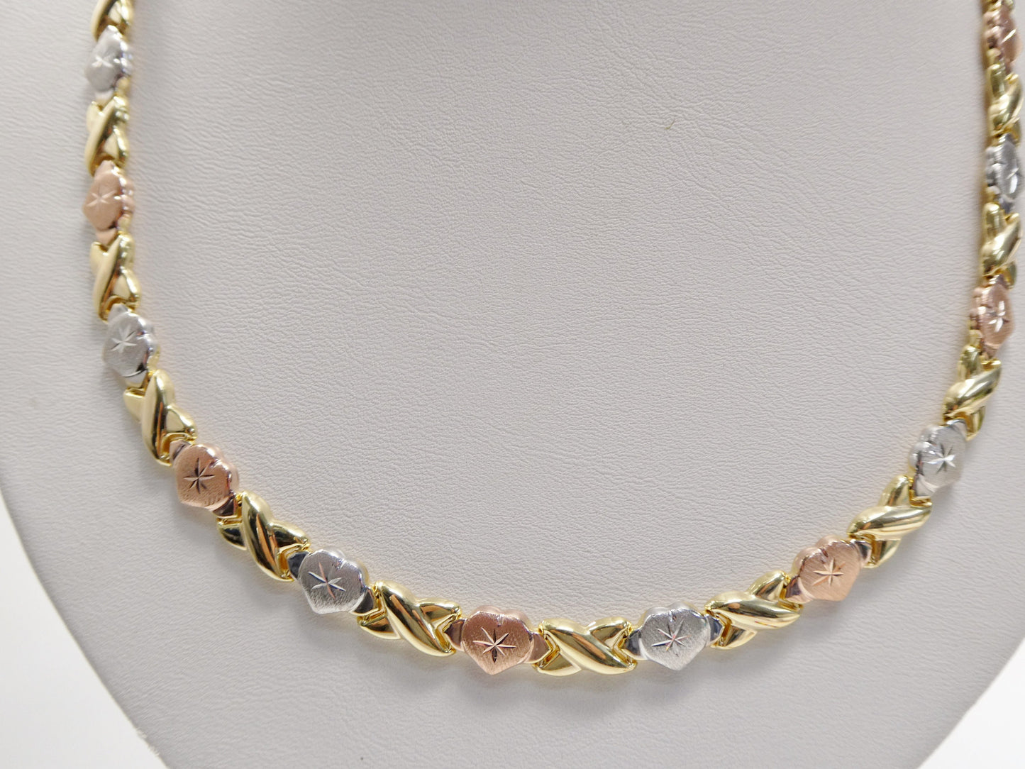 Sterling Silver XO Heart Necklace: Tri-Color 14k Gold Finish