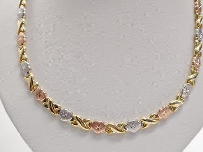 Sterling Silver XO Heart Necklace: Tri-Color 14k Gold Finish