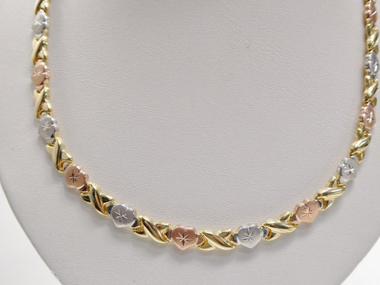 Sterling Silver XO Heart Necklace: Tri-Color 14k Gold Finish