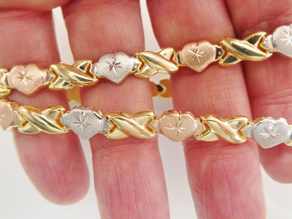 Sterling Silver XO Heart Necklace: Tri-Color 14k Gold Finish