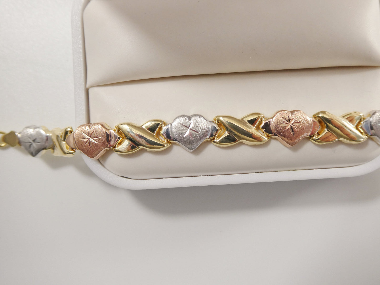 Sterling Silver XO Heart Necklace: Tri-Color 14k Gold Finish