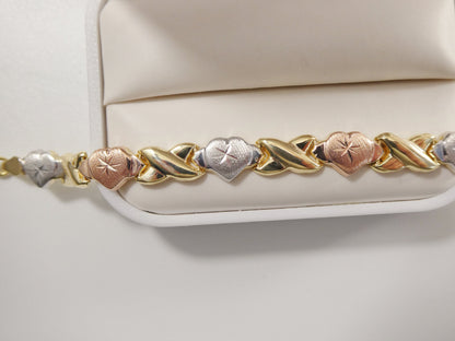 Sterling Silver XO Heart Necklace: Tri-Color 14k Gold Finish