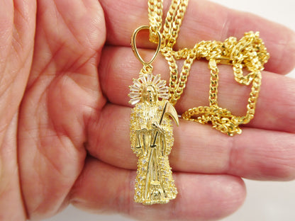 Sterling Silver Santa Muerte Pendant Necklace: 14k Gold Finish